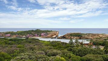 A coastal landscape with rocky outcrops and dense greenery.
