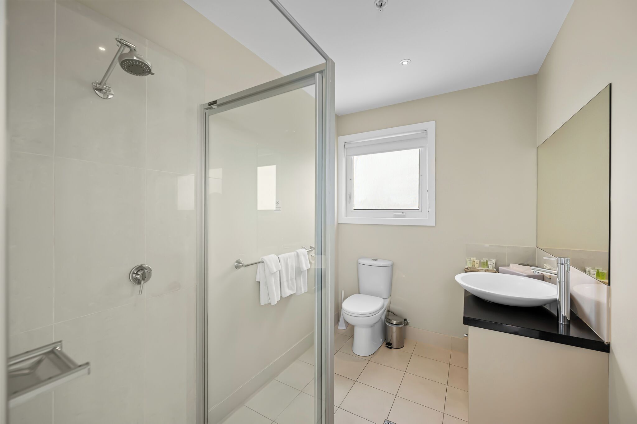 A modern bathroom with a glass shower enclosure, a white toilet, and a sink with a large mirror.