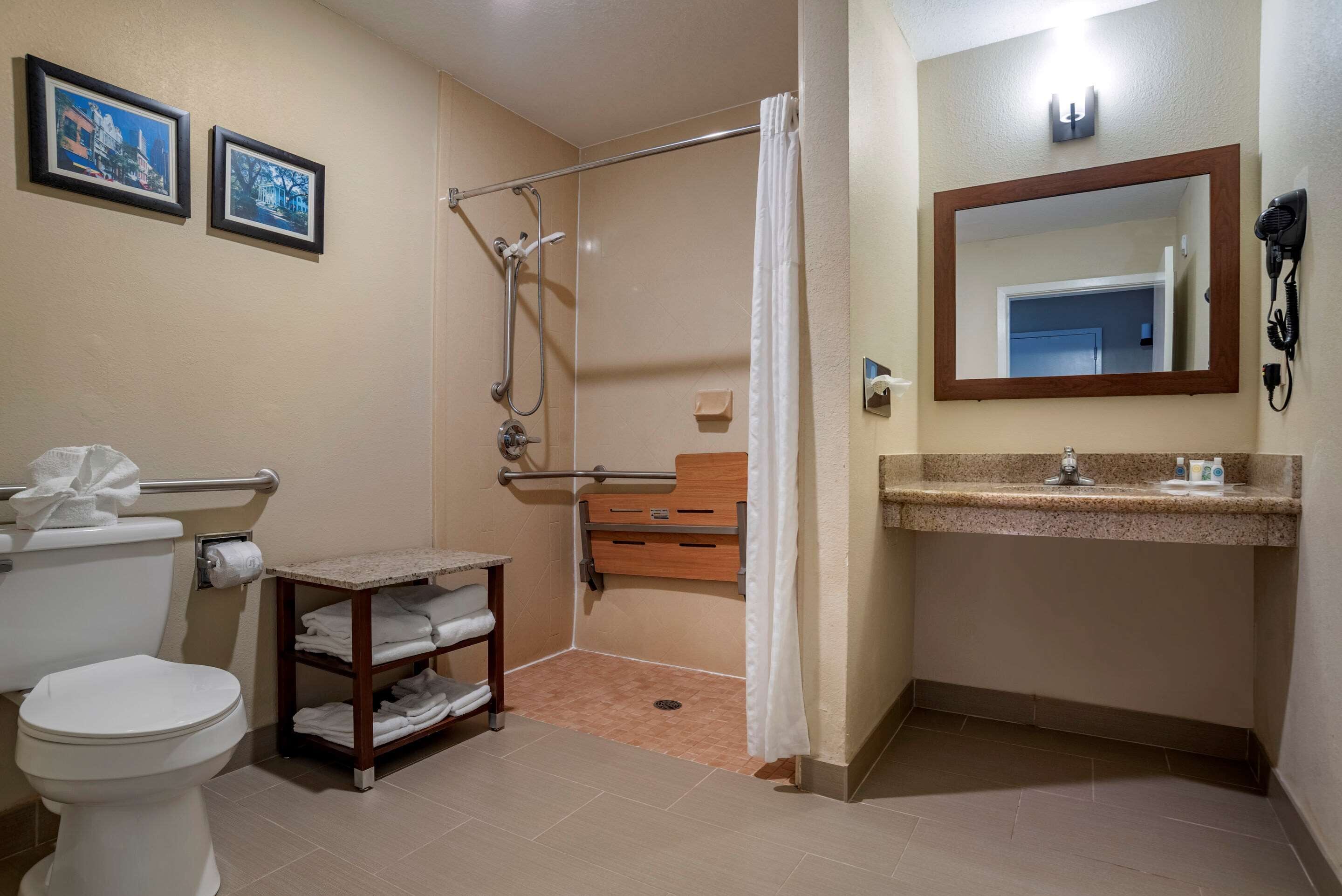combined shower/bathtub, free toiletries, hair dryer, towels