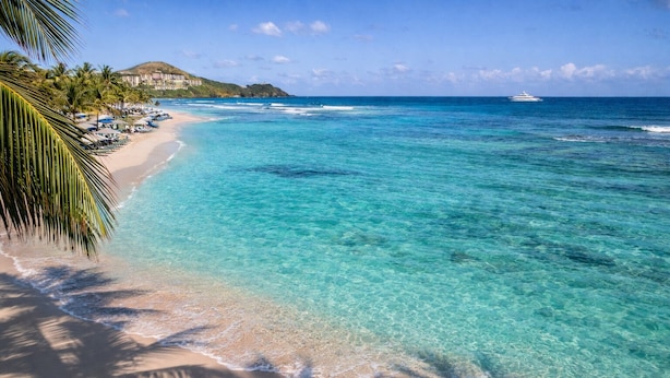 Una playa con agua turquesa cristalina, palmeras y un yate a lo lejos.