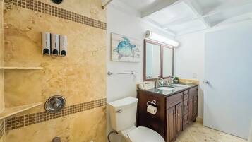Een badkamer met een douche, toilet en een wastafel met spiegel.