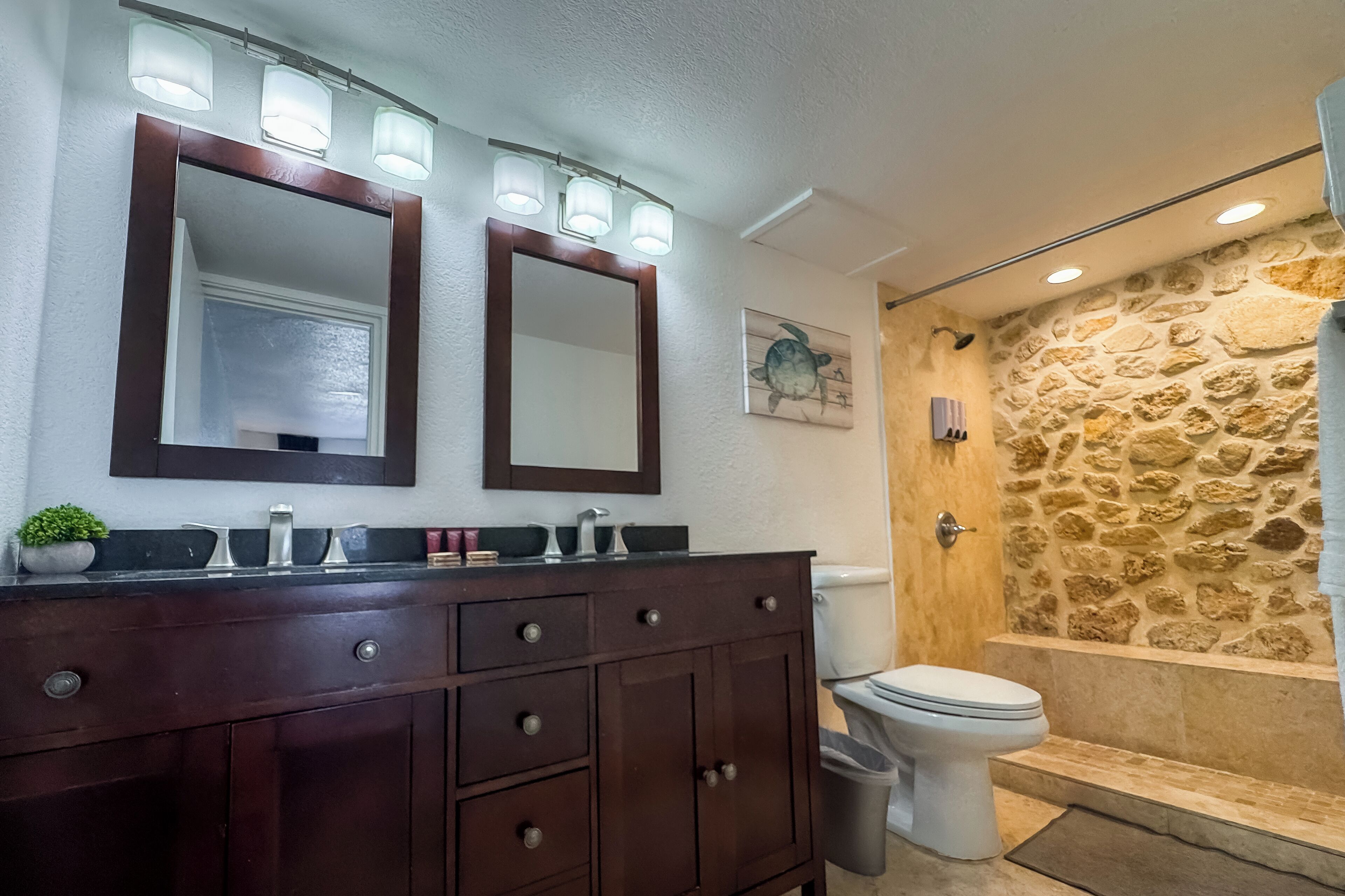 A bathroom with a dark wooden vanity, two mirrors with lights, a stone shower wall, and a toilet.