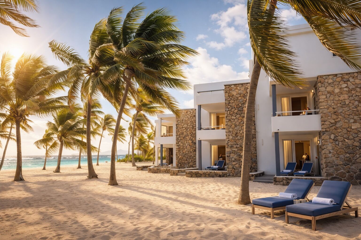 A beachfront hotel with a stone facade, multiple balconies, and lounge chairs on the sand.
