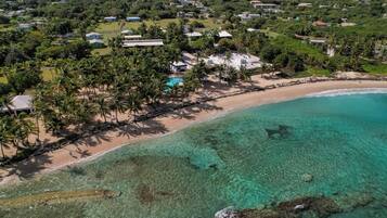Vista aérea de um resort à beira-mar com águas turquesas cristalinas, uma praia arenosa e diversas palmeiras.