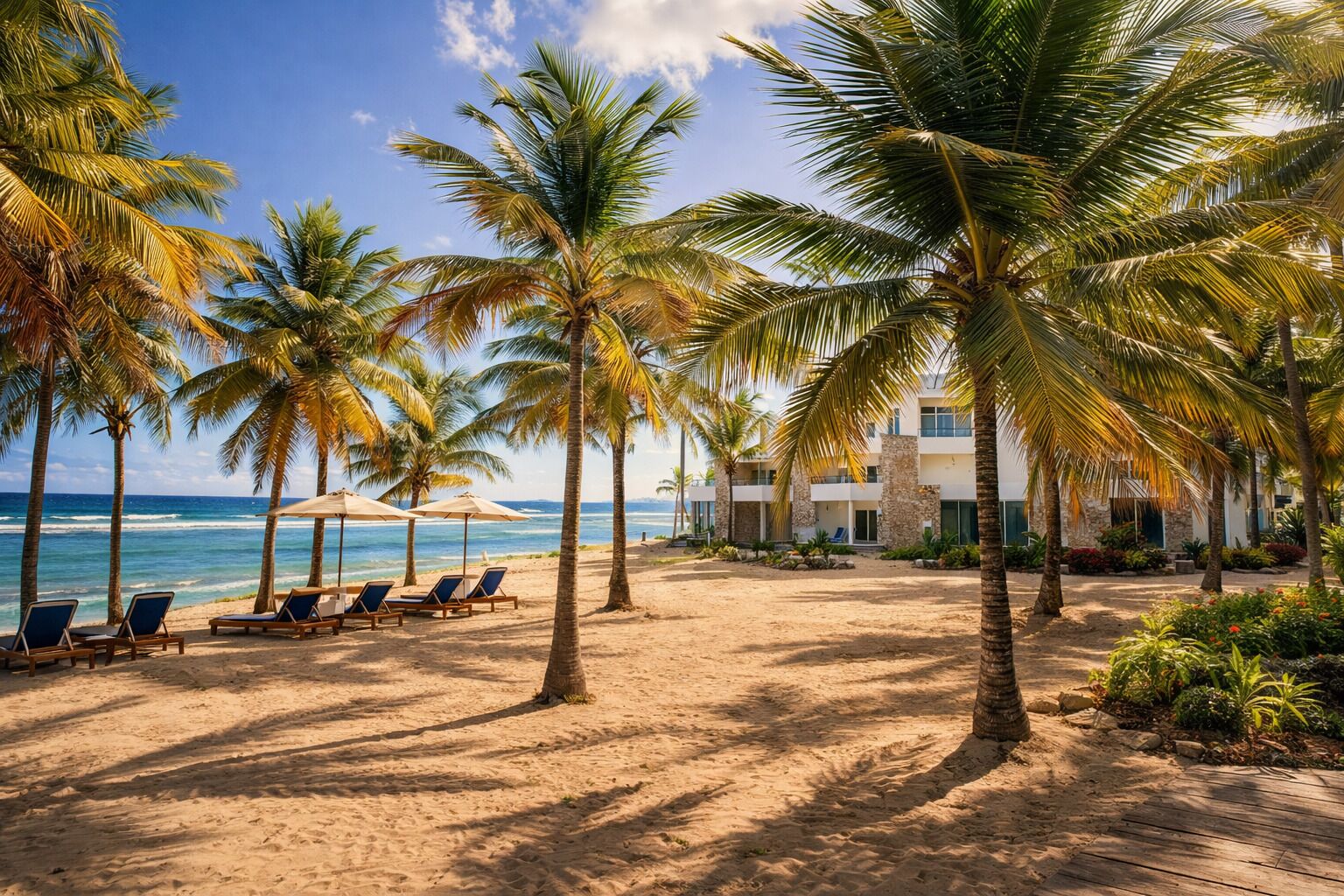 A beach with palm trees, lounge chairs, and a building with a stone facade.