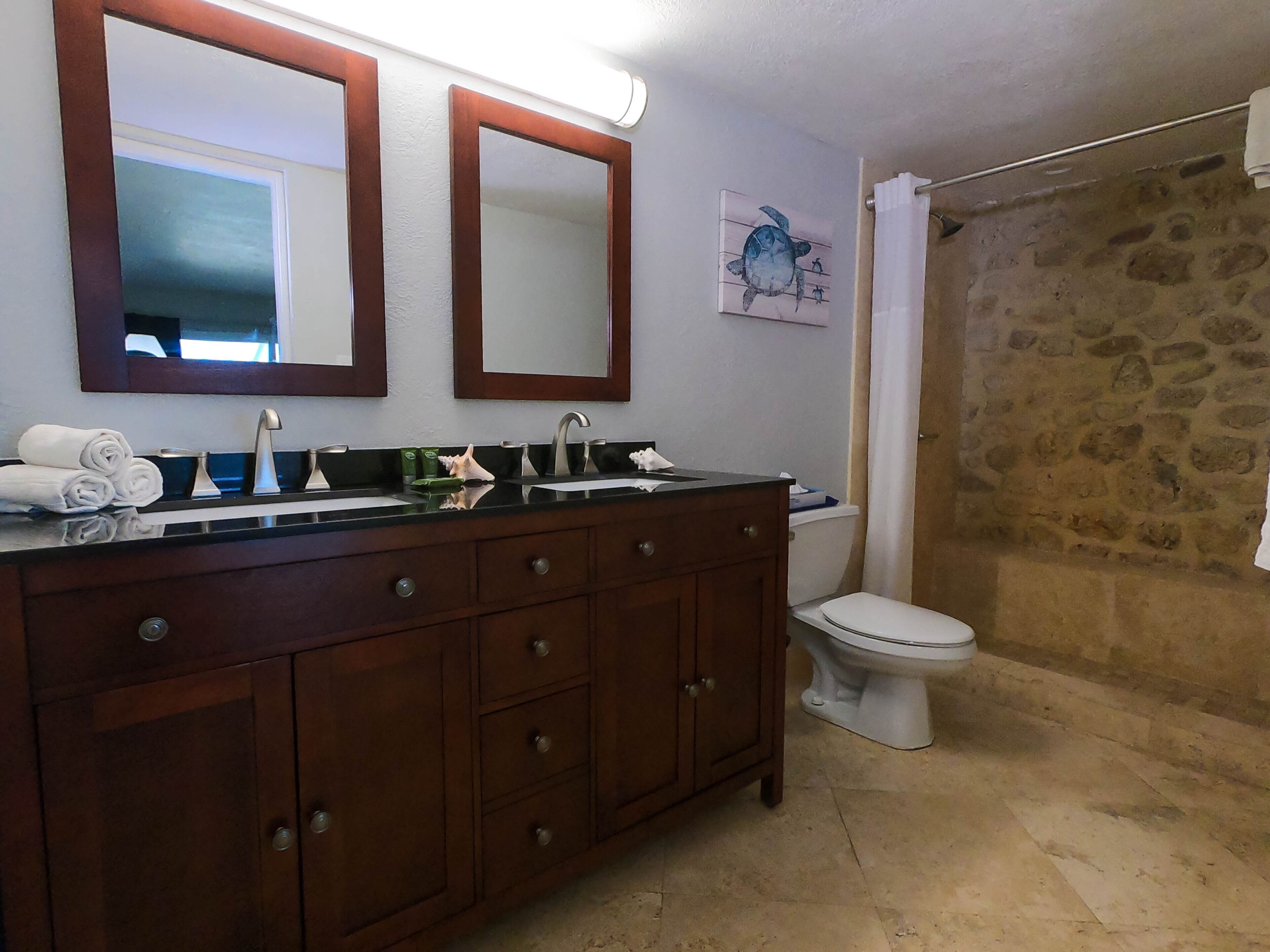 shower, free toiletries, hair dryer, towels