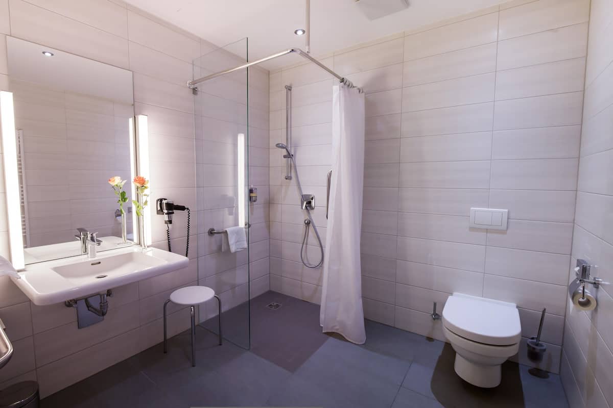 shower, free toiletries, hair dryer, towels