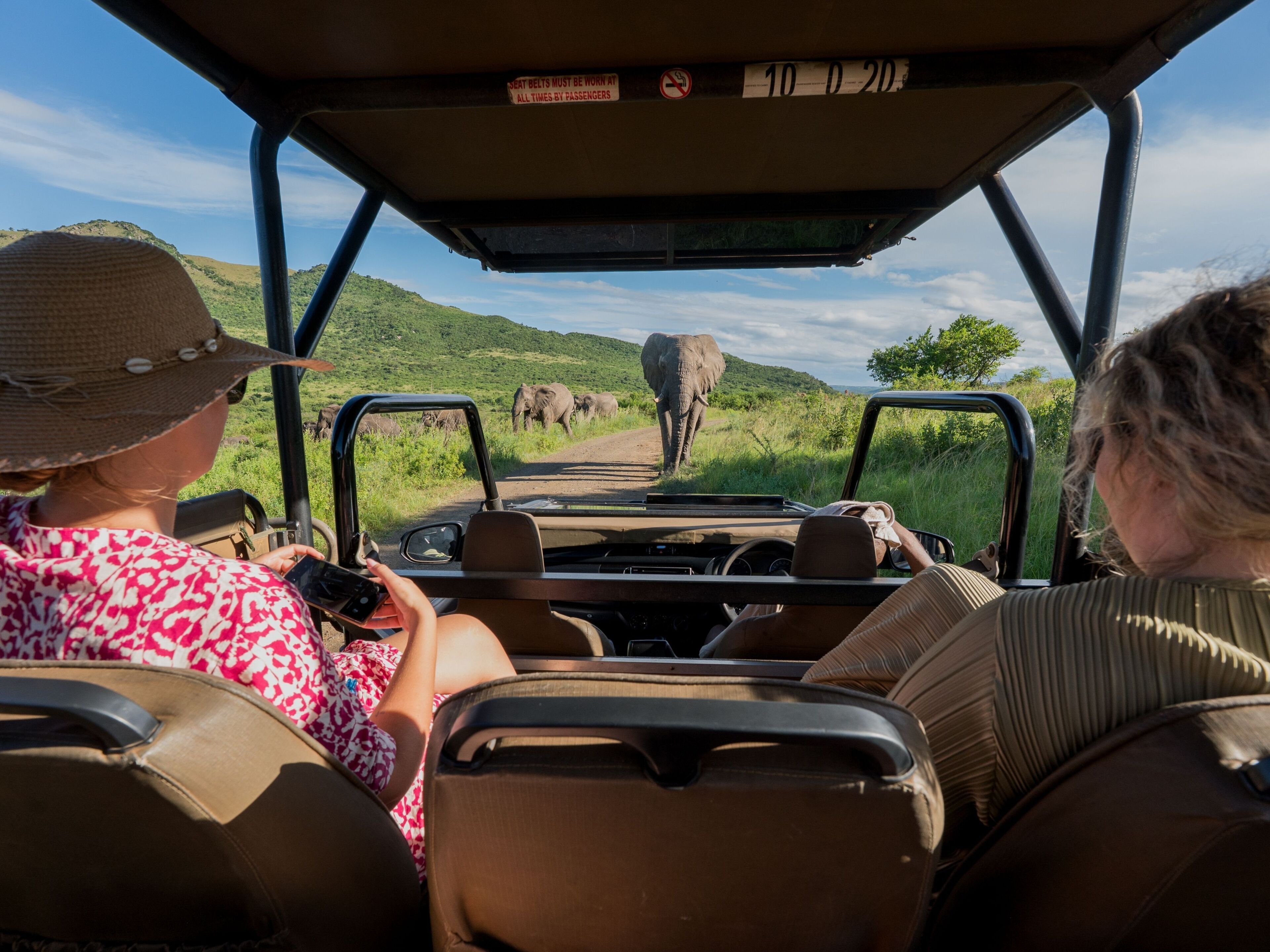 Intérieur d’un véhicule de safari avec deux passagers, un volant et un tableau de bord.