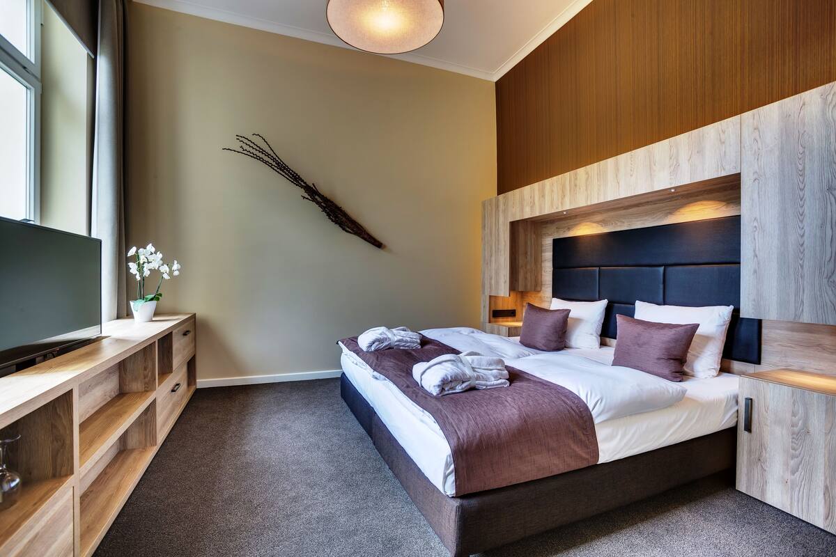 Ein modernes Hotelzimmer mit einem großen Bett, integriertem Holzkopfende, Nachttischen, einem Flachbildfernseher und einem dekorativen Ast an der Wand.