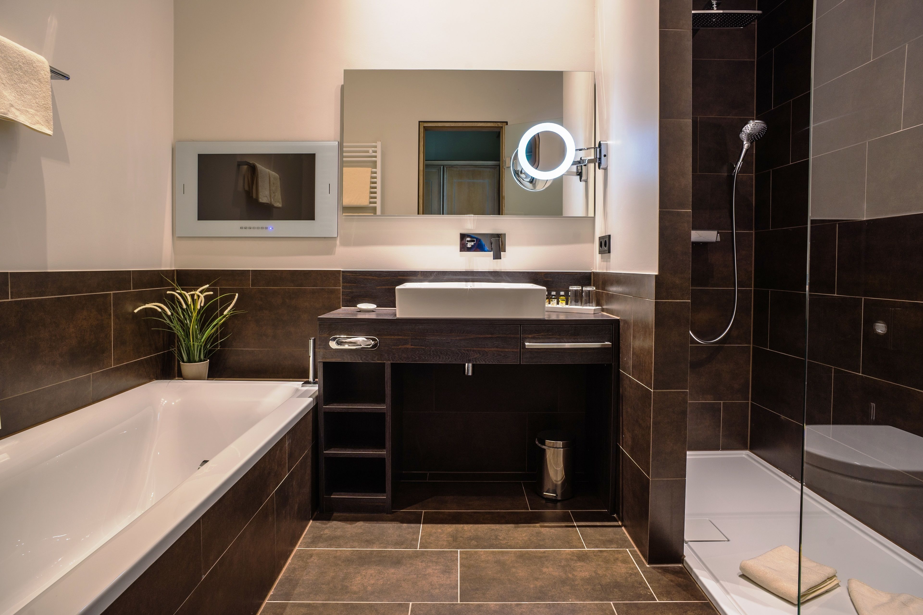 A modern bathroom with a bathtub, a sink, a mirror with a light, a shower, and a potted plant.