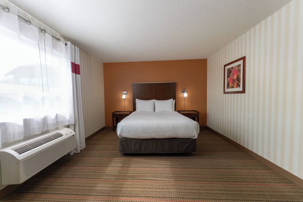 Ein Hotelzimmer mit einem Bett, einem Heizkörper, zwei Nachttischlampen, einem Bild an der Wand und einem Fenster mit Vorhängen.