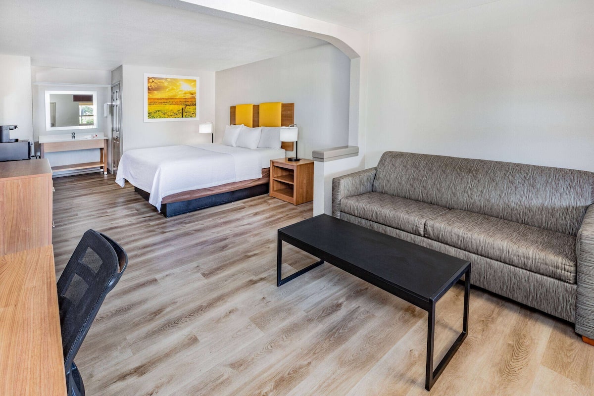 A hotel room with a bed, a sofa, a desk, a chair, and a nightstand with a lamp.
