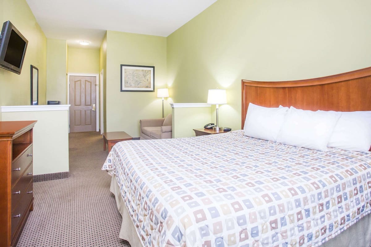 A hotel room with a bed, a desk, a chair, a television, and a door.
