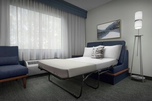 Desk, blackout drapes, soundproofing, iron/ironing board