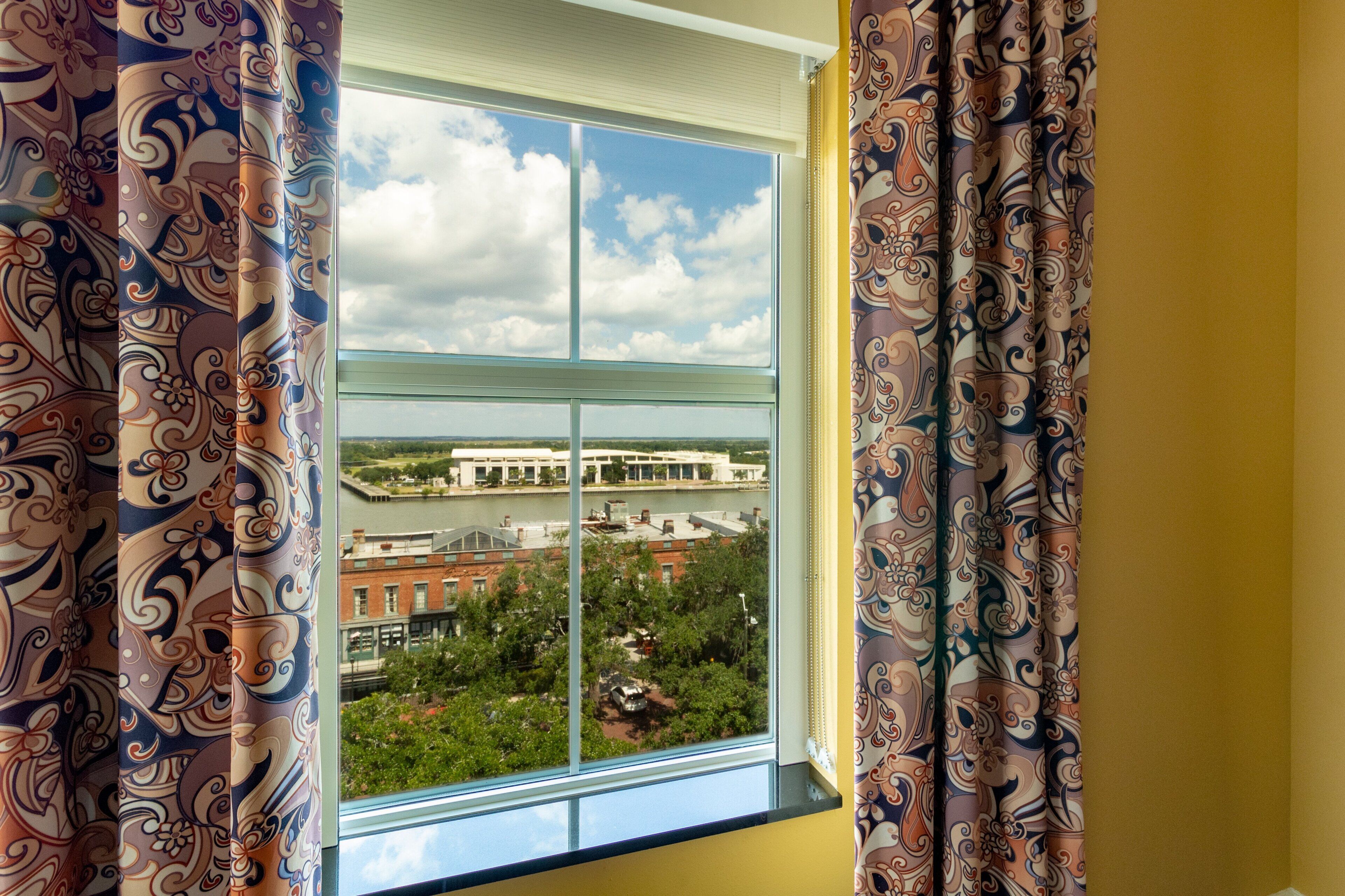 A window with a view of a river, buildings, and greenery.