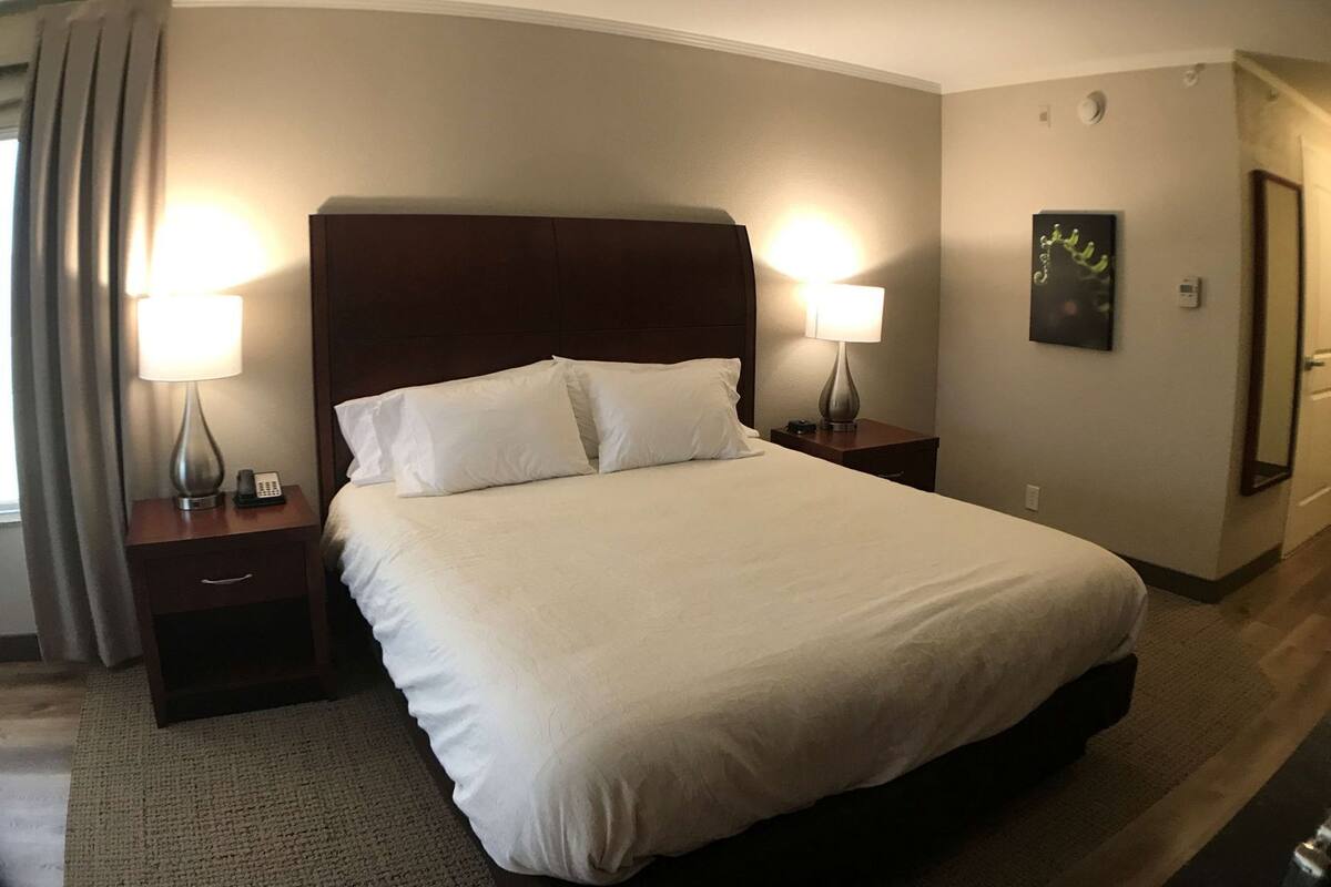 Ein Hotelzimmer mit einem großen Bett, zwei Nachttischlampen, einem Nachttisch, einer Tür und einem an der Wand befestigten Kunstwerk.