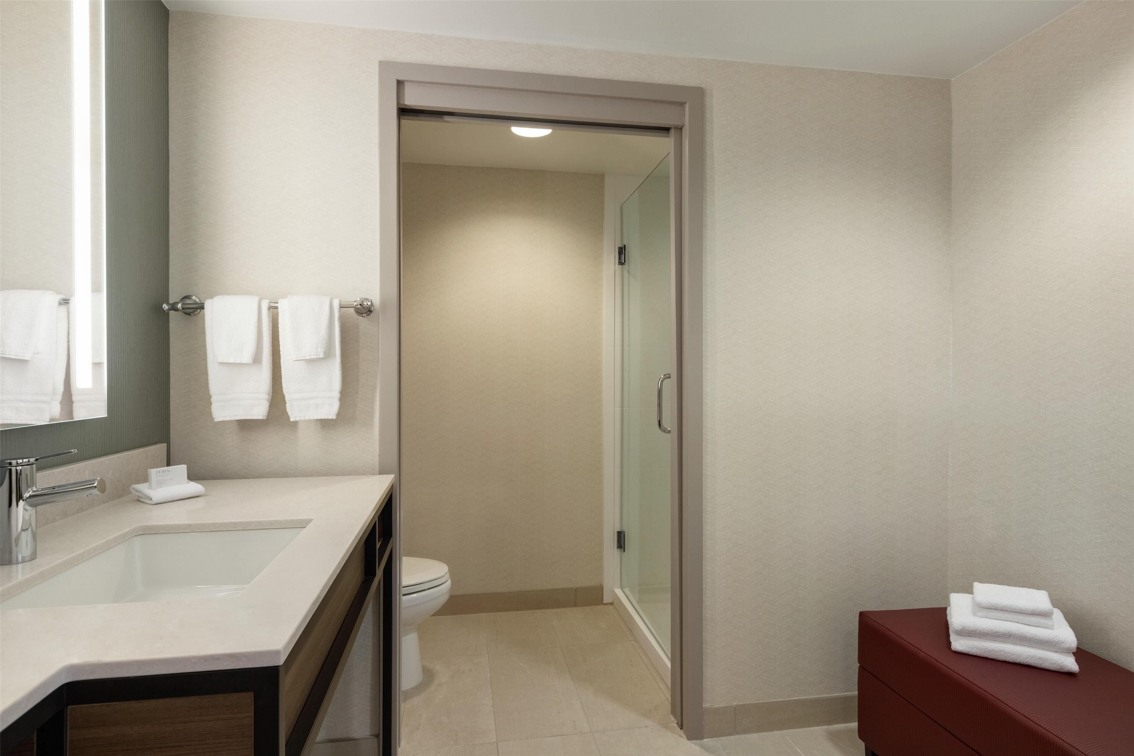 A modern bathroom with a large mirror, two sinks, a toilet, and a glass shower enclosure.