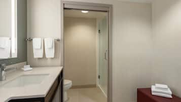 A modern bathroom with a large mirror, two sinks, a toilet, and a glass shower enclosure.