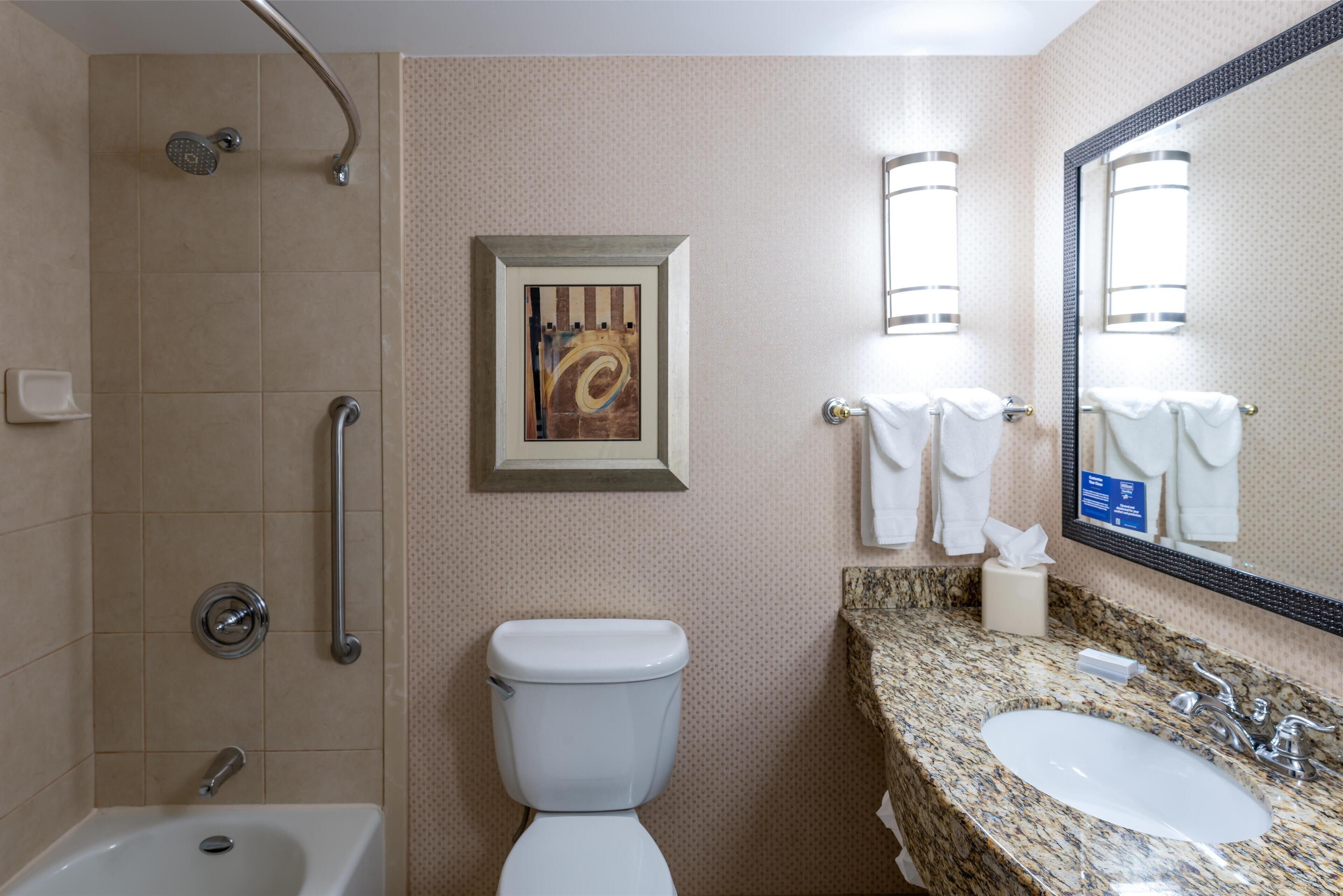A bathroom with a shower, toilet, sink, and a framed artwork above the toilet.