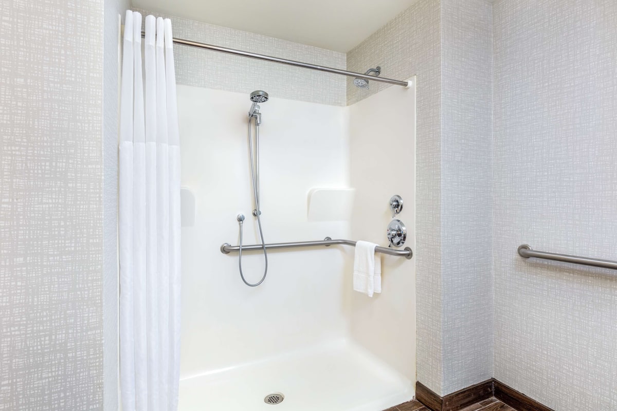 Combined shower/bathtub, free toiletries, hair dryer, towels