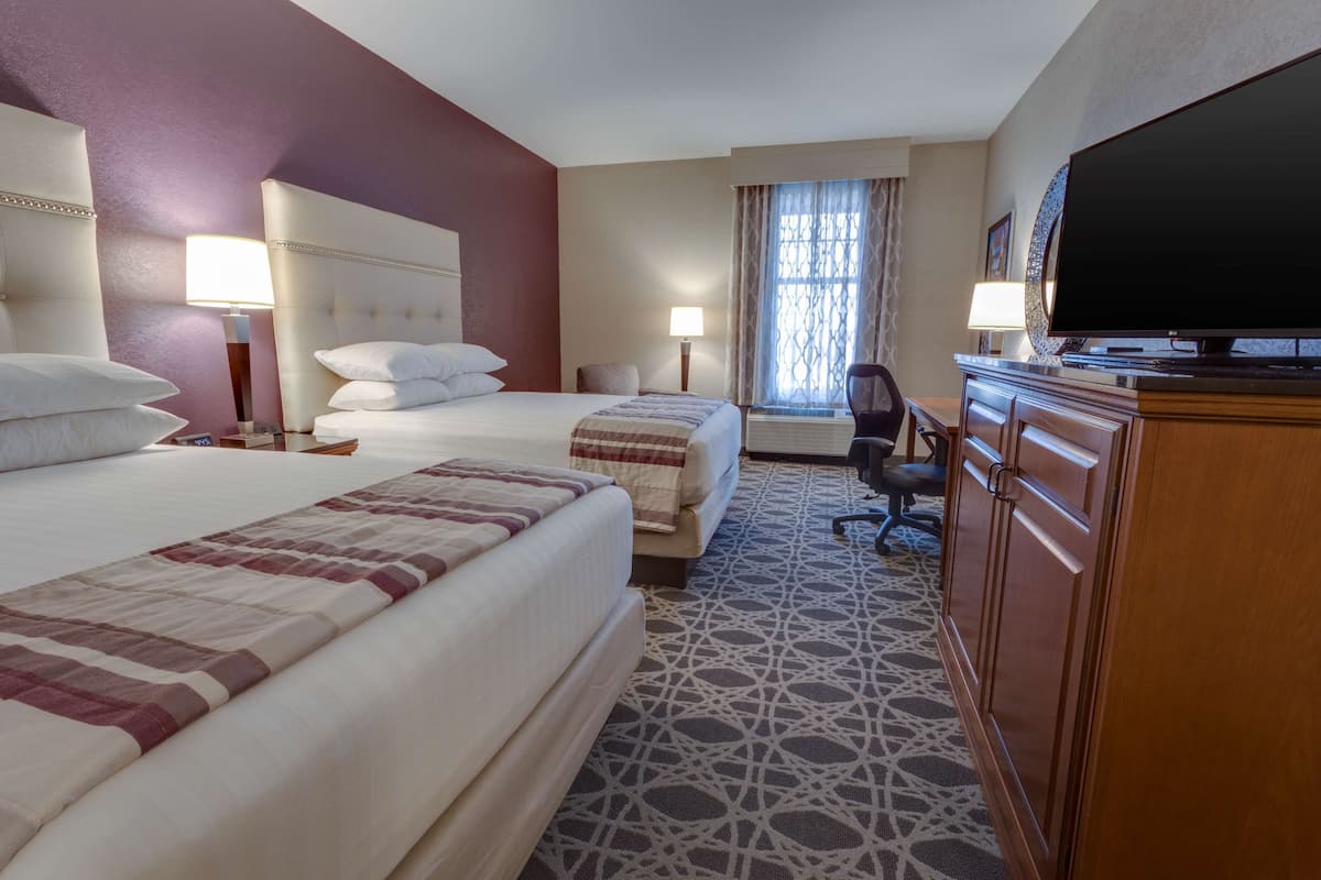 Habitación de hotel con dos camas, un escritorio, un televisor y una alfombra estampada.
