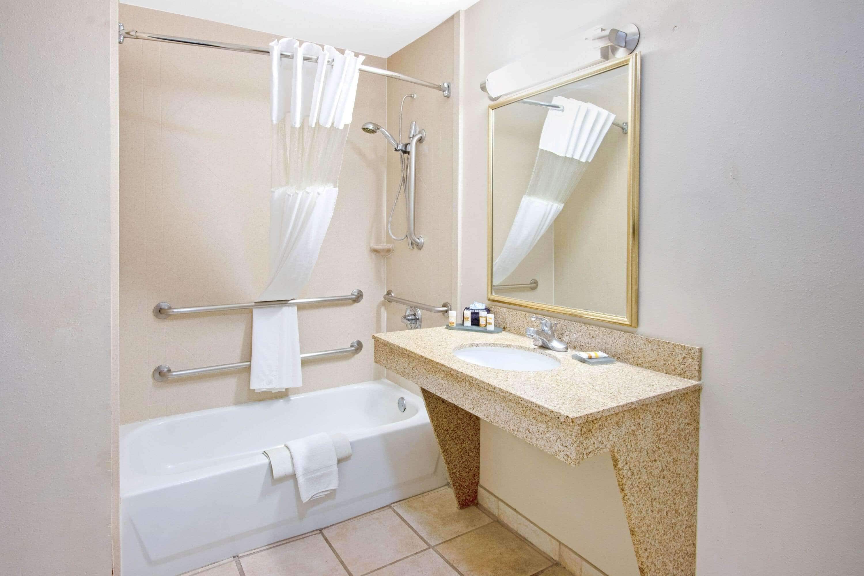 combined shower/bathtub, free toiletries, hair dryer, towels