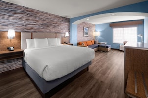 Habitación de hotel con una cama grande, un sofá, un escritorio y una ventana con persianas.