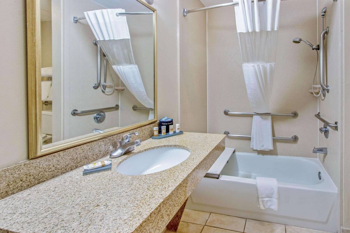 combined shower/bathtub, free toiletries, hair dryer, towels