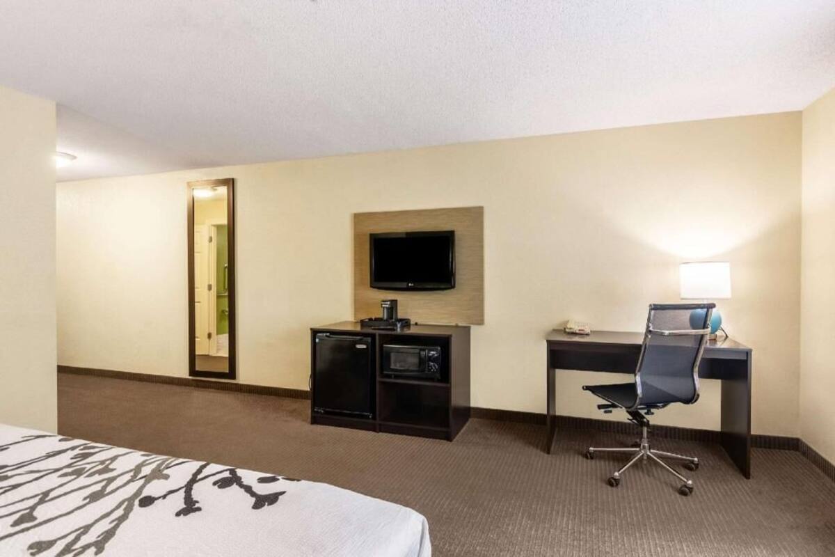 A hotel room with a bed, a desk with a chair, a television, a microwave, and a small refrigerator.