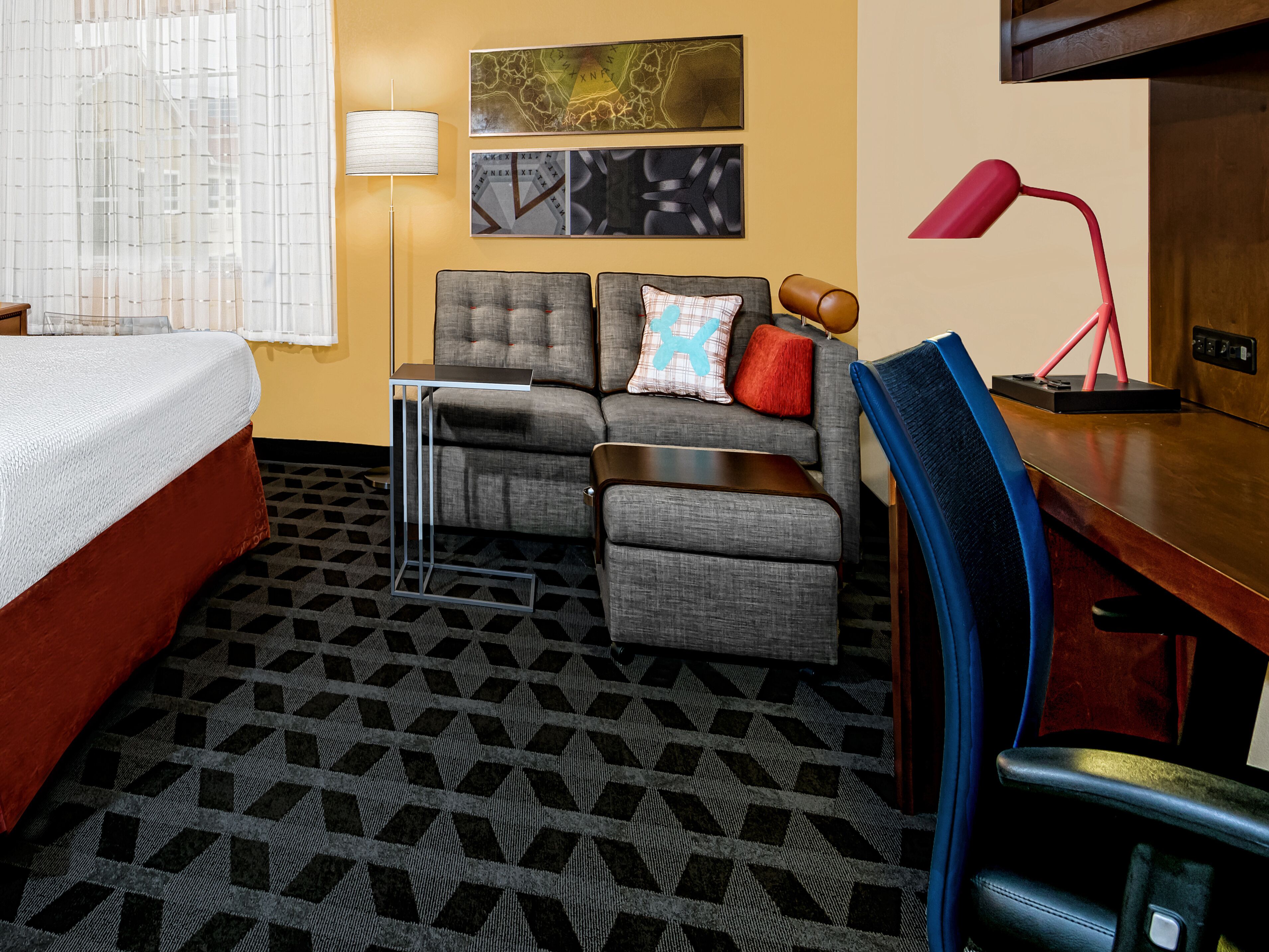 premium bedding, desk, blackout curtains, iron/ironing board