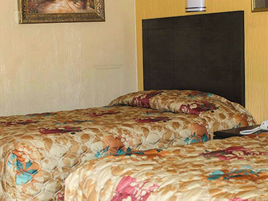 A hotel room with two beds, a headboard, a wall-mounted telephone, and a painting.