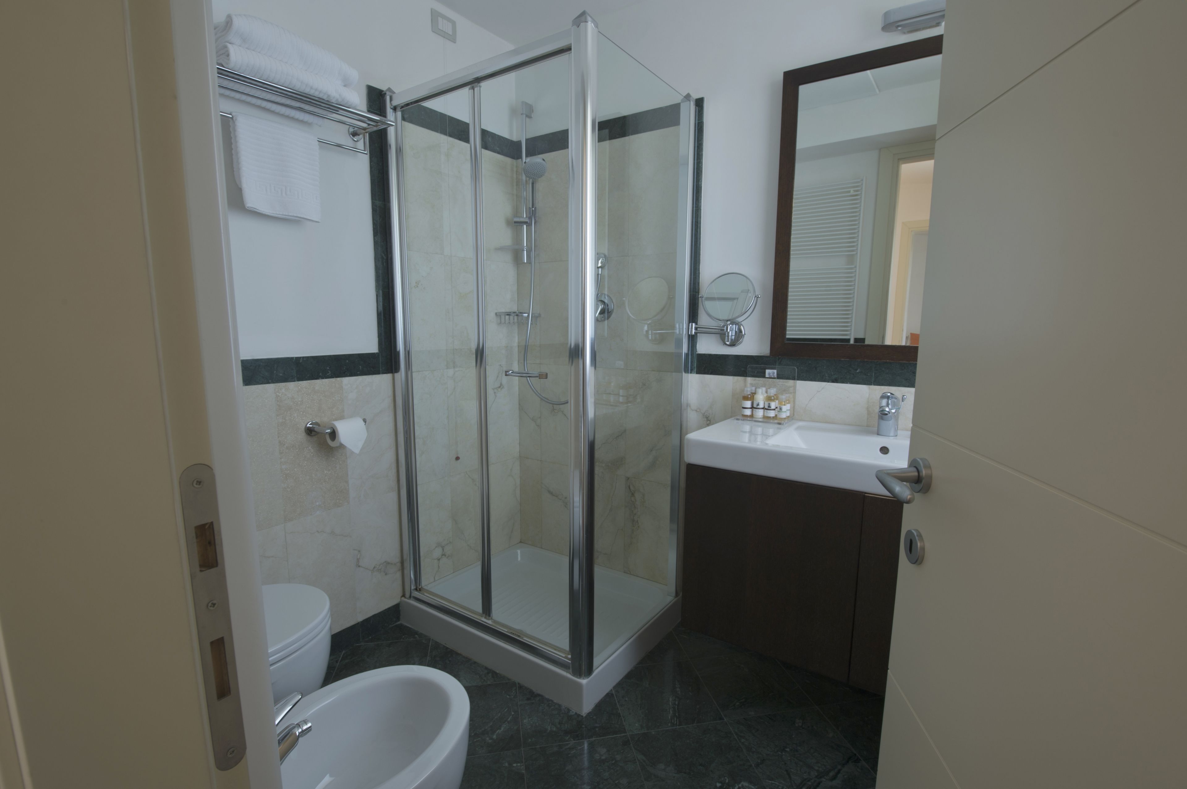A modern bathroom with a glass-enclosed shower, a toilet, and a sink with a mirror.