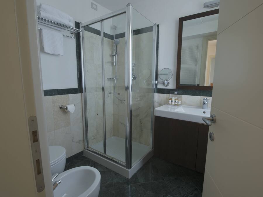 A modern bathroom with a glass-enclosed shower, a toilet, and a sink with a mirror.