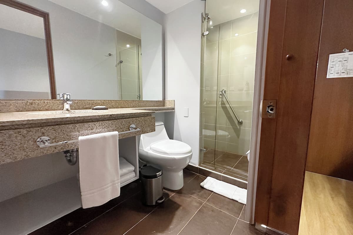 comfort room, 1 king bed | bathroom | shower, rainfall showerhead, towels, soap