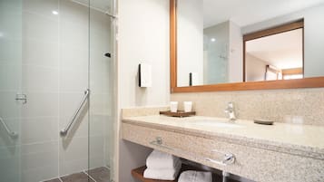 A modern bathroom with a glass shower enclosure, a granite countertop sink, and a large mirror.