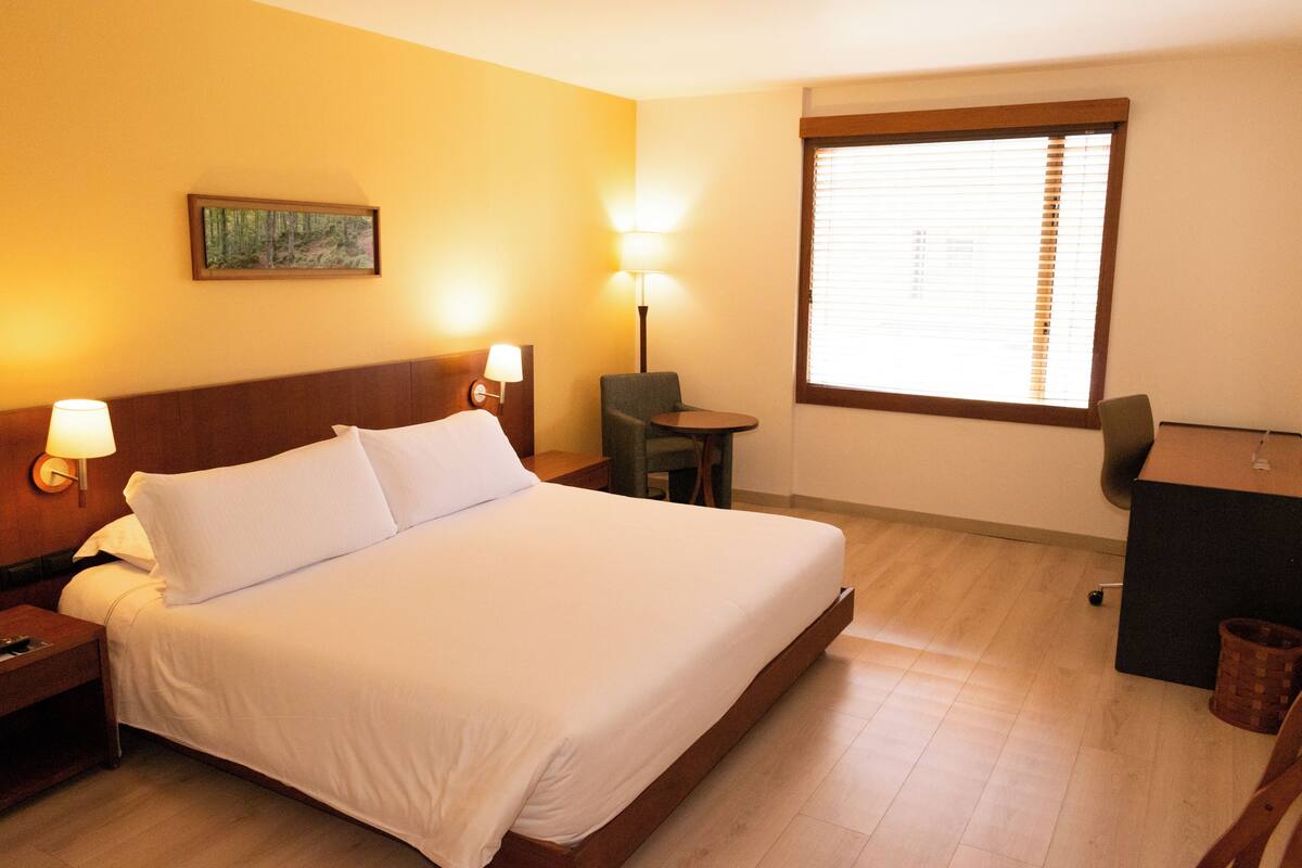 A hotel room with a large bed, two bedside lamps, a desk, and a chair.