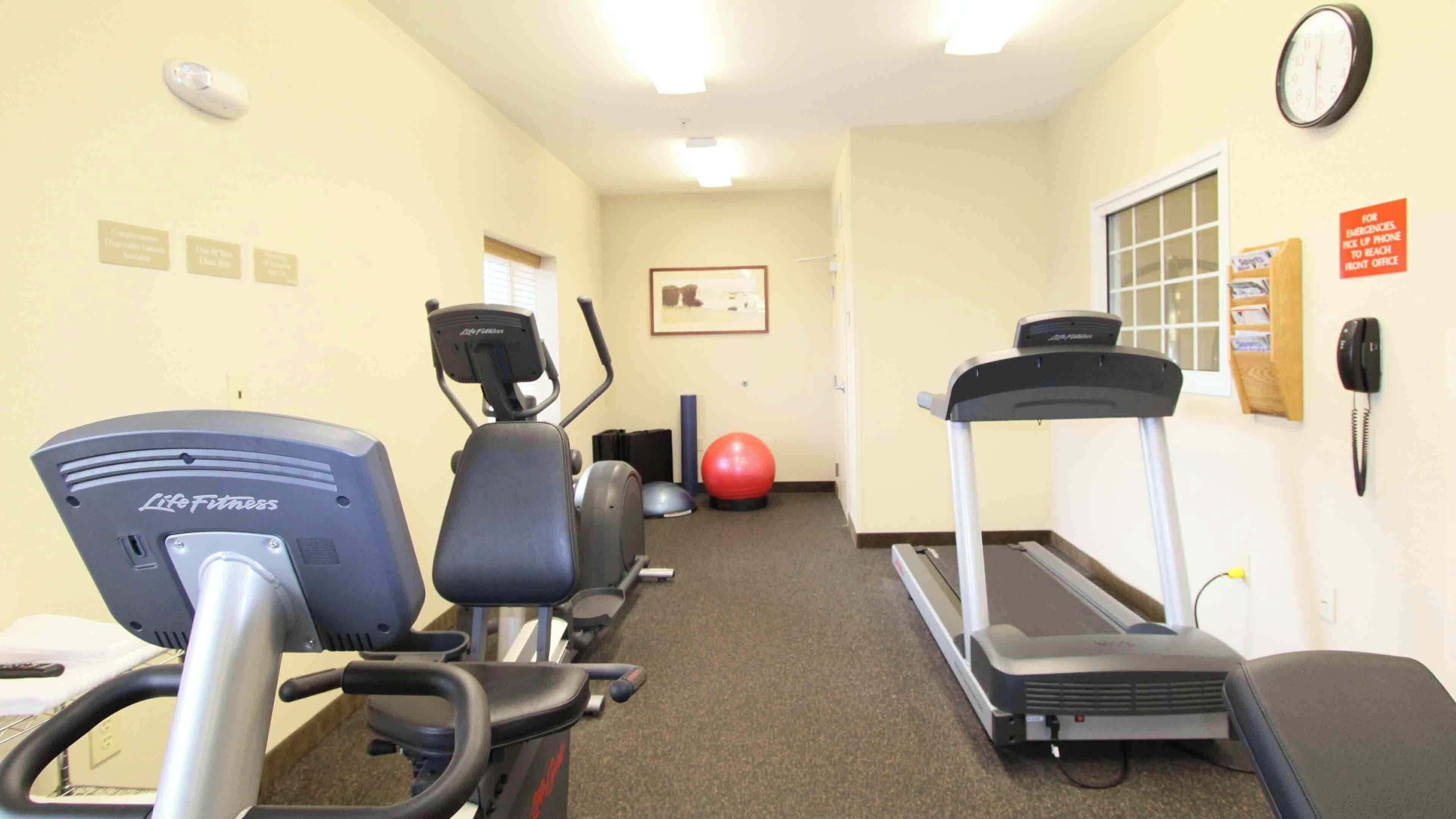 A fitness room with treadmills, an elliptical, and a red exercise ball.