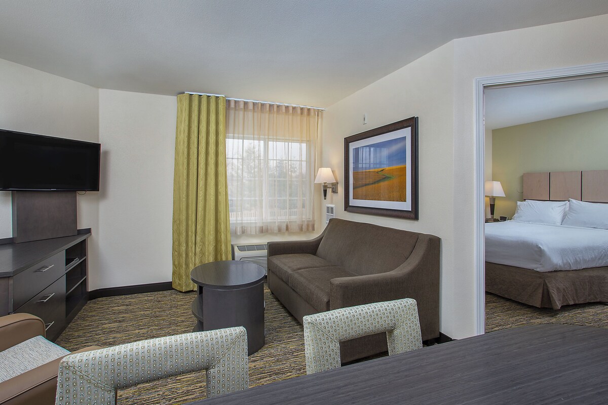 A hotel room with a bed, a sofa, a TV, a desk, and a chair.
