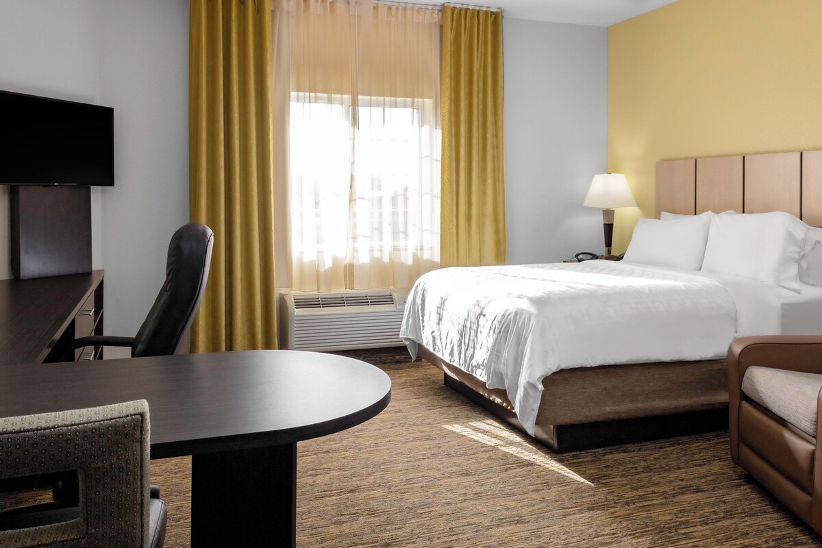 A hotel room with a bed, a desk, a chair, a TV, a lamp, and a window with curtains.