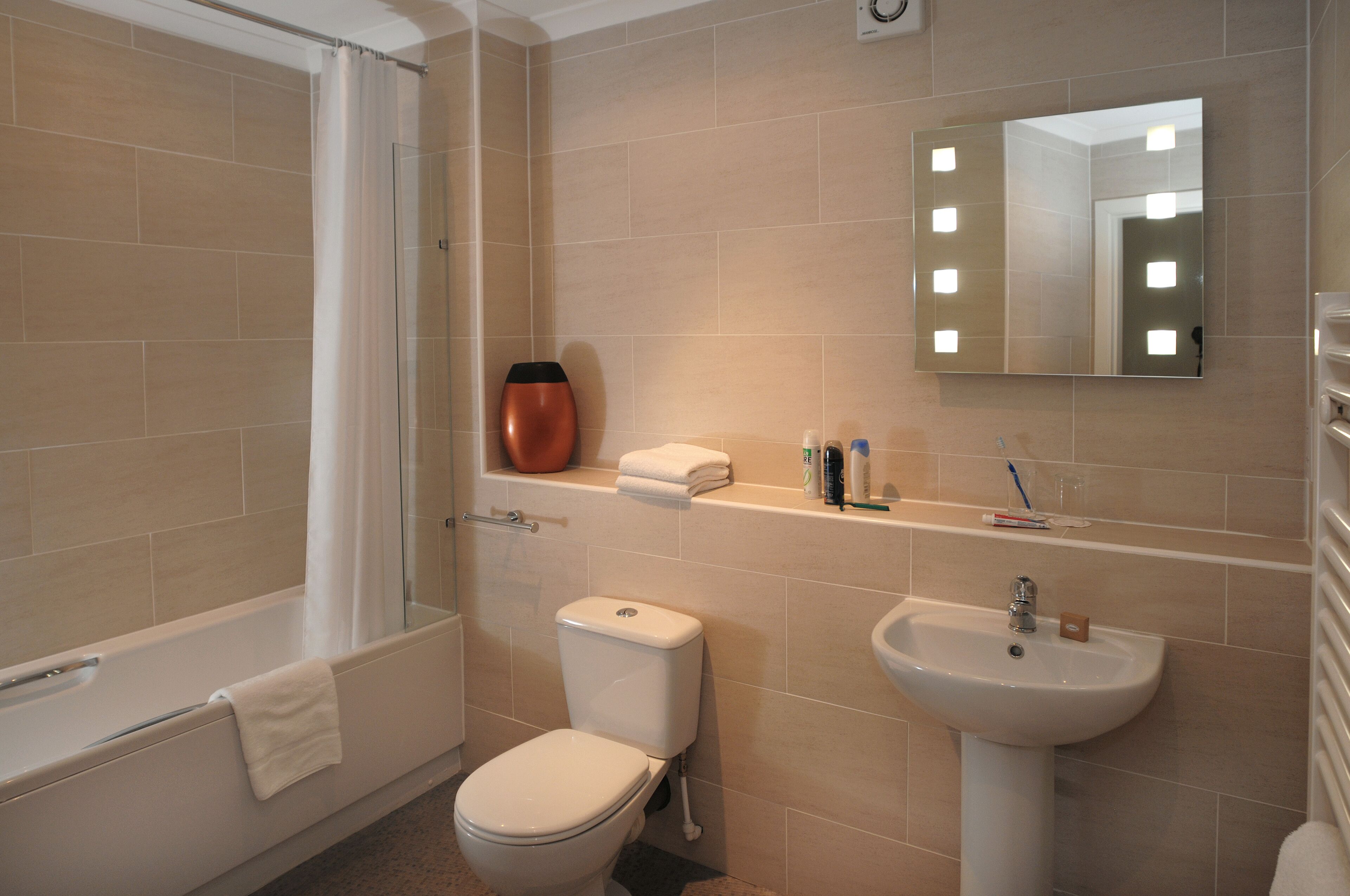 free toiletries, hair dryer, towels