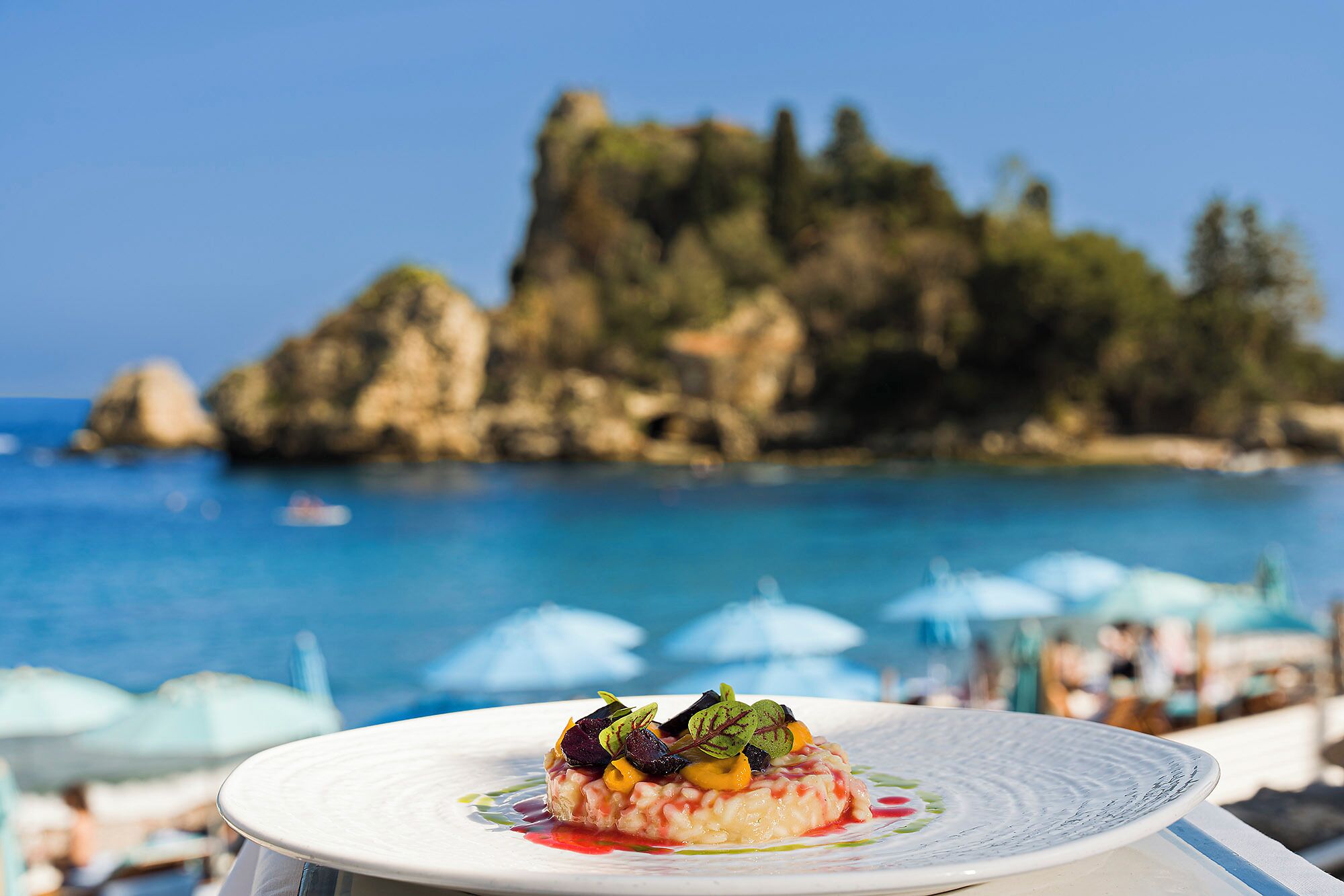 A dish on a plate with a coastal view in the background.