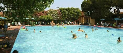 Outdoor pool, pool umbrellas, pool loungers