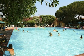 Outdoor pool, pool umbrellas, sun loungers