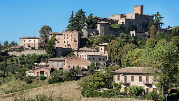 Un castillo histórico con varias construcciones sobre una colina, rodeado de vegetación.