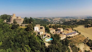 Outdoor pool, pool umbrellas, pool loungers