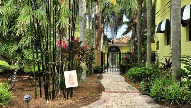 A paved pathway leading to a yellow building with a black gate, surrounded by lush greenery and bamboo plants. - The Mango Inn Bed & Breakfast (Lake Worth)