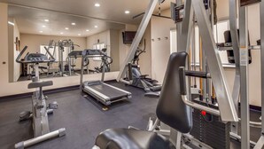 Une salle de sport équipée de divers appareils, notamment des tapis de course, des appareils de musculation et un mur recouvert de miroirs.