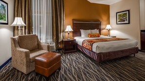 Une chambre d’hôtel avec un grand lit, une chaise, une petite table et un radiateur.