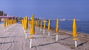 Una playa con hileras de sombrillas amarillas y palos blancos, que se extienden hacia el agua.
