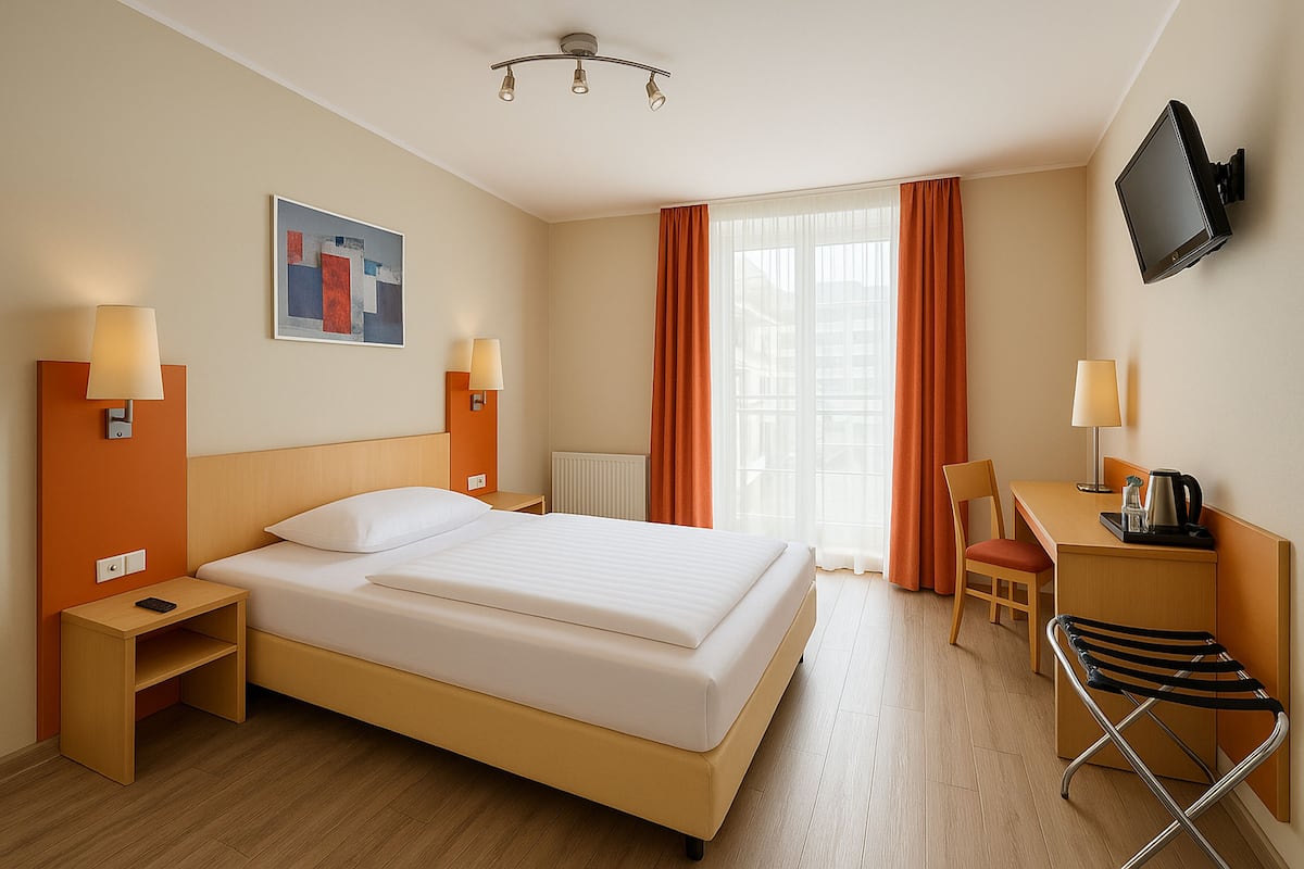 A hotel room with a bed, bedside tables, a desk with a chair, a television, and a window with curtains.